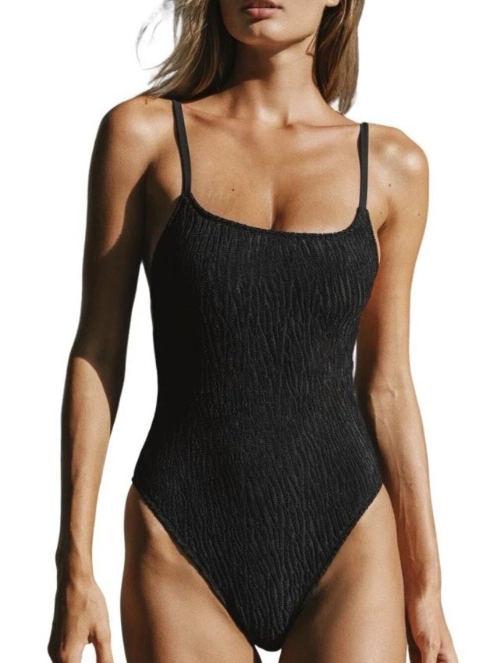 YUKARI SWIM Black Textured One Piece Swimsuit NWT Eco-Friendly High Cut Medium